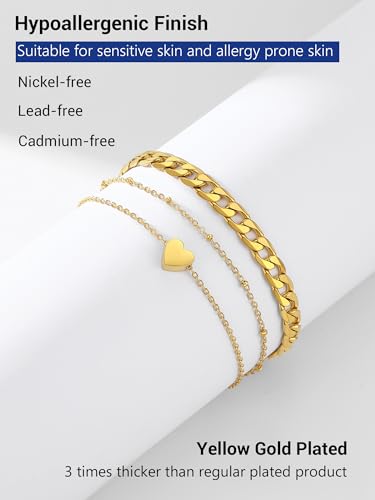 PROSTEEL Trendy Handcuffs Design/Customize Words Ankle Bracelet For Women, 316L Stainless Steel Anklets Silver/Gold/Black Tone, Hypoallergenic, Come with Box - style: 05.2 Layered-Cuban&Heart-Gold
