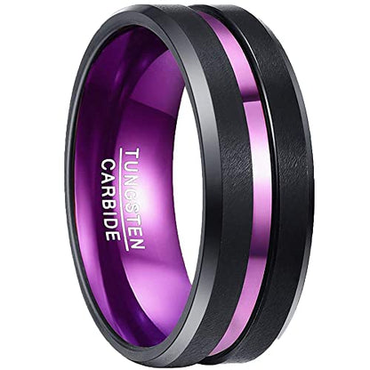 NUNCAD 8mm Men's Tungsten Rings Multi-Color/Green/Purple Plated Grooved Black Matte Finish Beveled Edges Size 4 to 16 - color: Purple Grooved