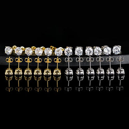 MDFUN Hypoallergenic CZ Stud Earrings Set for Women/Men,6 Pairs 18K Gold Plated Round 3-8mm Clear Cubic Zirconia Earring Pack Jewelry Gift - color: White and Yellow gold-7mm-12 pairs