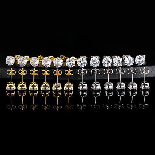 MDFUN Hypoallergenic CZ Stud Earrings Set for Women/Men,6 Pairs 18K Gold Plated Round 3-8mm Clear Cubic Zirconia Earring Pack Jewelry Gift - color: White and Yellow gold-5mm-12 pairs