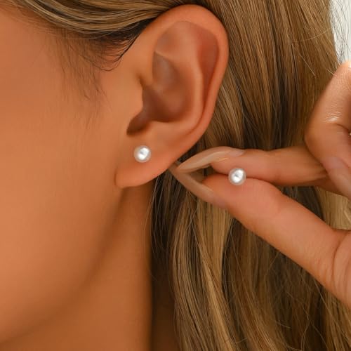 Pearl Stud Earrings for Women Gold/Silver Plated 3mm 4mm 5mm 6mm 8mm Pearl Earrings Dainty Hypoallergenic Earrings - color: White Gold, size: 6 Millimeters