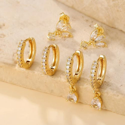 3 Pairs Huggie Hoop Earring Set 18K Gold Plated Cubic Zirconia Cartilage Earrings, Multi Piercings Ear Jacket Earring Climber Stud Earring for Women Everyday Earrings - color: 3 Pairs Earrings Style B