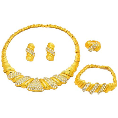 Fashion Crystal Jewelry Set For Women 18 K Gold Plated Jewelry Wedding Bride Dubai Gold Necklace Earrings Bracelet Ring 4 Pieces Set - color: S-709