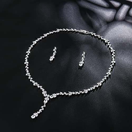 Bridal Wedding Jewelry CZ Set Marquise Teardrop Cubic Zirconia Pendant Necklace and Dangle Earring Bracelet Sets for Women - color: White Gold - 01
