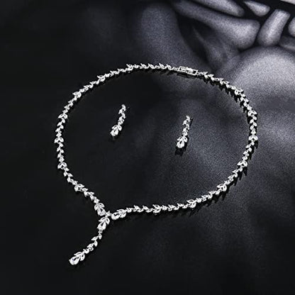 Bridal Wedding Jewelry CZ Set Marquise Teardrop Cubic Zirconia Pendant Necklace and Dangle Earring Bracelet Sets for Women - color: White Gold - 01