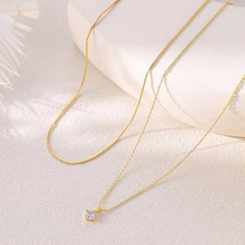 Layered Choker Necklace for Women Stackable Chain Dainty Zircon Pendant Set | 2PCS, Silver/14K Gold Plated, Box/Ball/Rope/Lip chain, Layering Diamond Cut CZ Pendant, Dainty Thin Chain, Trendy Prom Gift - color: Gold, style: Style 02