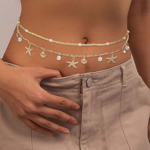 TEBIEKOY Waist Chains for Women, 2 pcs Gold Starfish & Pearl Belly Chain Body Jewelry with Dangle Charms for Beach, Bikini & Summer