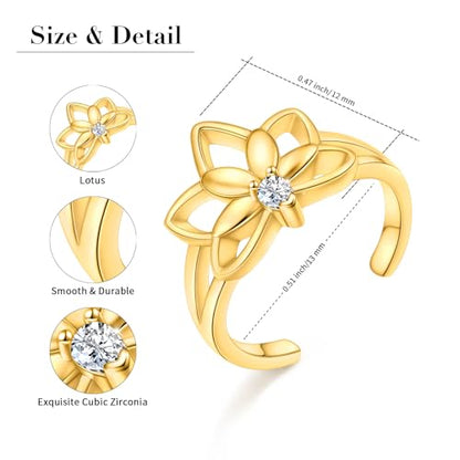 Alphm 925 Sterling Silver Toe Ring for Women Adjustable Open Toe Ring Foot Jewelry Gift - color: Gold Plated-Lotus