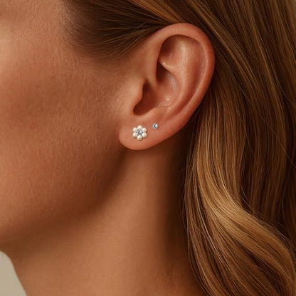 IMBOS Pearl Earrings 14k Gold Plated Daisy Flower Stud Earrings for Women Ball Stud Flat Back Earring Hypoallergenic Statement Earring Trendy Jewelry Gift for Women - color: Silver-Pearl Ball
