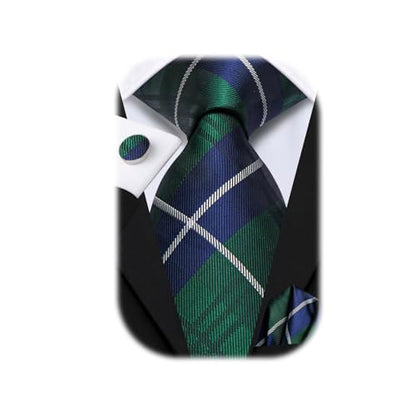 Hi-Tie Men 63inches Tie Set Extra Long Necktie Paisley Tie Pocket Suqare Cufflinks Big and Tall Men Tie - color: Blue Green Plaid