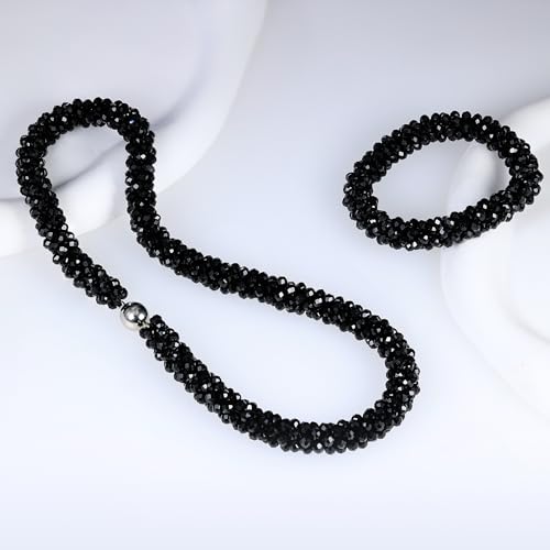 Hand Knotted Beads Statement Necklace Bracelet Jewelry Set Artificial Crystal Choker for Women- Handmade Beaded Strand Sparkly Faceted Crystal Rondelle-17inches, 30 Colors - color: Black Set