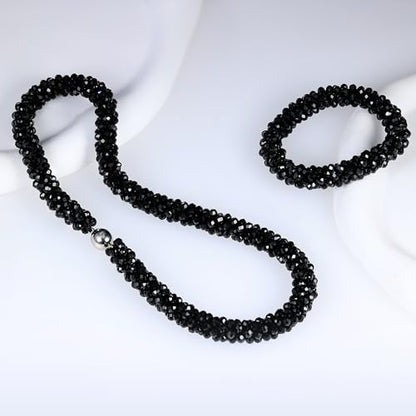 Hand Knotted Beads Statement Necklace Bracelet Jewelry Set Artificial Crystal Choker for Women- Handmade Beaded Strand Sparkly Faceted Crystal Rondelle-17inches, 30 Colors - color: Black Set