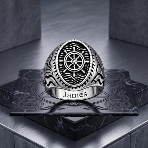 Dacc & Aya Custom Engraved Vintage Signet Ring 925 Sterling Silver Black Oxidized Personalized Statement Jewelry for Men - style: C-Rudder
