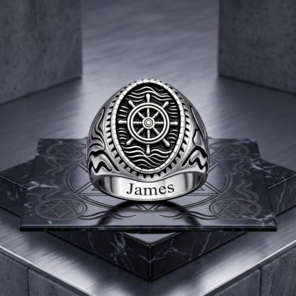 Dacc & Aya Custom Engraved Vintage Signet Ring 925 Sterling Silver Black Oxidized Personalized Statement Jewelry for Men - style: C-Rudder