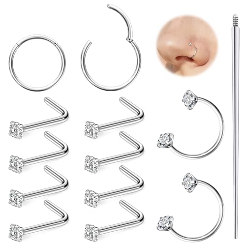 Hoeudjo 18G Horseshoe Nose Ring Surgical Steel Hinged Nose Hoops for Women Nose Studs 1.5MM/2MM/2.5MM/3MM Cubic Zirconia Bone & Screw & L-shaped Nostril Ring Body Piercing Jewelry for Women Men - color: silvertone,L-shaped nose studs, size: 2mm CZ