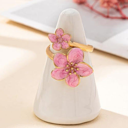 NewZenro Elegant Flower Enamel Adjustable Open Ring for Women Gold-Tone Plated Chic Cherry Blossoms Floral Statement Finger Wrap Band Rings Comfort Fit Wedding Party Prom Fashion Jewelry - color: Pink