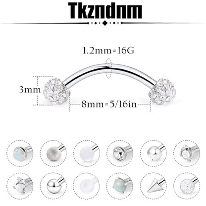 16g 8/10mm Silver/Black/Rose-Gold/Rainbow Eyebrow Piercing Jewelry Rings Curved Barbell Vertical Labret Lip Surgical Steel Small Belly Button Snake Eyes Tongue Rook Earrings for Women Men - color: Surgical Steel, size: 16g*8mm*3mm