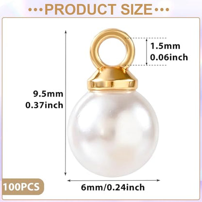 100pcs Pearl Charms, 6mm Faux Pearl Charms for Jewelry Making, Glossy PearlPendant Beads for Bracelets, Necklace, Earrings, DIY Crafts