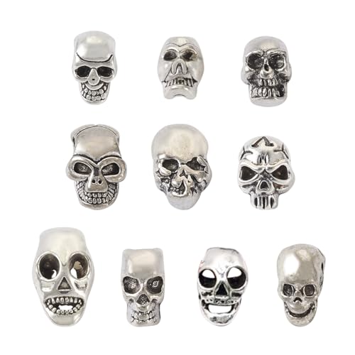 Elecrelive 50Pcs Alloy Skull Beads Skeleton Head Beads 10 Styles Antique Silver Halloween Charms for Gothic Necklace Bracelets Earrings Jewelry Making - color: Antique Silver