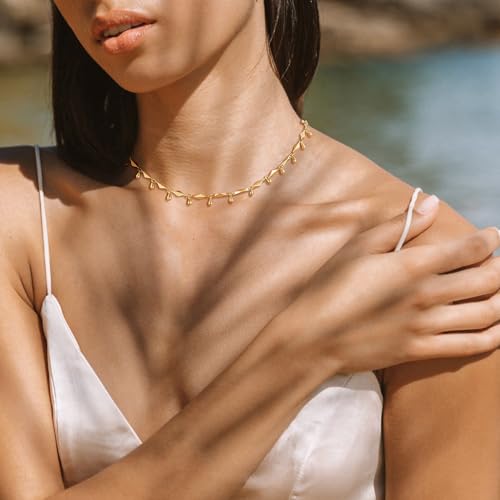 MTMY Beaded Necklaces for Women 14K Gold Plated Dainty Colorful Green/Rose Beaded Pearl Choker Necklace Delicate Boho Choker Necklace Jewelry Gift - style: Water drop beads