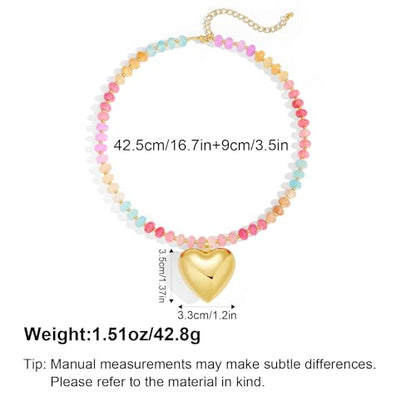 YUJIE Colorful Beaded Necklace for Women, Chunky Boho Choker with Large Gold Puffy Heart Pendant, Trendy Summer Beach Y2K Statement Jewelry Gift - color: heart