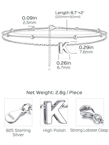 ChicSilver Ankle Bracelets for Women Waterproof, 925 Sterling Silver Initial Anklets for Women, Adjustable Dainty Layered Anklet Beach Jewelry for Women Mom Wife Friend - style: Silver-K