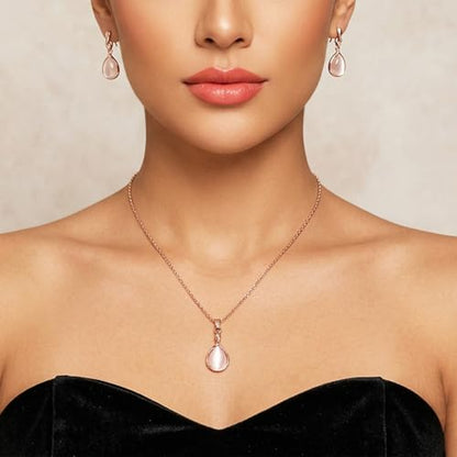 Amabro Teardrop Pendant Rose Gold Necklaces Earrings Jewelry Sets for Women | Pink Opal Water Drop Necklace & Earrings Adjustable Accessories Wedding Birthday Prom Formal Brides Bridesmaid