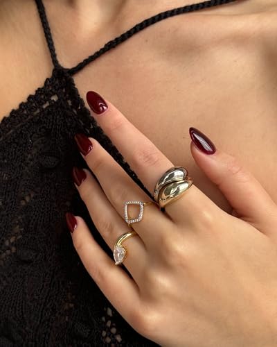 PAVOI 14K Gold Plated Mixed Metal Chunky Two Tone Wavy Dome Rings Pack for Women | Statement Ring Set