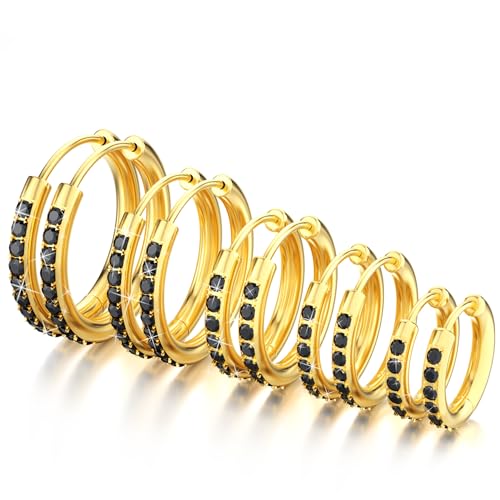 5 Pairs Huggie Hoop Earrings, Cubic Zirconia 14K Gold-Plated 316L Surgical Steel, Hypoallergenic Lightweight Design for Women & Men Cartilage & Multi-Piercing Stacking(13-21mm) - color: D+gold+black