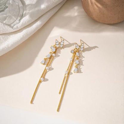 Long Pearl Tassel Drop Earrings Trendy, Gold Plated Dangle Cubic Zirconia Hypoallergenic Dainty Chain Bow Earrings for Women