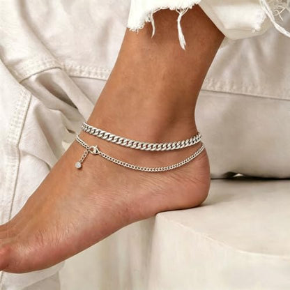 Anklets for Women, Gold/Silver Chunky Cuban Link Anklet Bracelets for Women Layered Gold Anklets for Women Waterproof Adjustable Women's Anklets Beach Jewelry - style: chunky cuban anklet set-silver