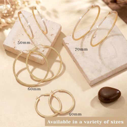 2MM S925 Sterling Silver Post Cubic Zirconia Hoop Earrings Hypoallergenic | 14K Gold Plated - color: Gold-40MM