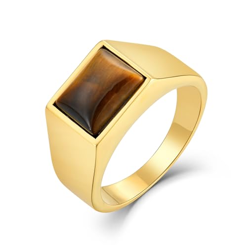 Men's Tiger Eye Square Signet Ring Stainless Steel Thumb Rings with Natural Stone for Men Jewelry Gift for Him, Size 7-12 - color: 02,Gold-tiger eye