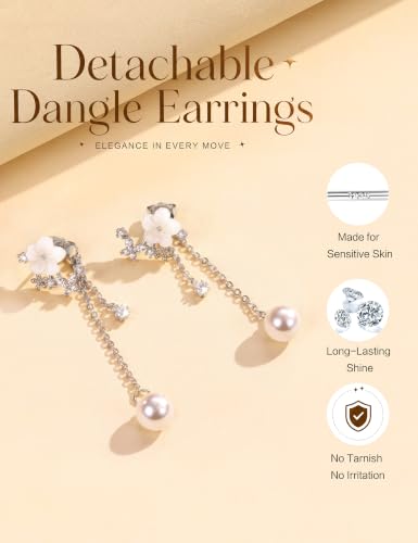 Pearl Dangle Stud Earrings for Women, 925 Sterling Silver Post Drop Earring | Trendy Detachable Chain Earrings, CZ Flower Stud Earrings, Hypoallergenic Wedding Statement Jewelry for Brides - color: Silver 1
