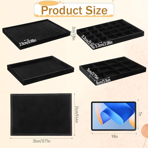 4 Pack Jewelry Tray, Stackable Velvet Jewelry Organizer Tray Jewelry-Tray Stackable Jewelry-Trays 3.8"x9.5"x1.2" Divided Ring Organizer-Tray for Necklace Earring Ring Watch Bracelet,Black