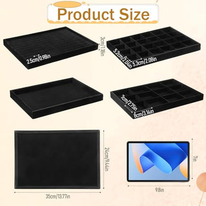 4 Pack Jewelry Tray, Stackable Velvet Jewelry Organizer Tray Jewelry-Tray Stackable Jewelry-Trays 3.8"x9.5"x1.2" Divided Ring Organizer-Tray for Necklace Earring Ring Watch Bracelet,Black