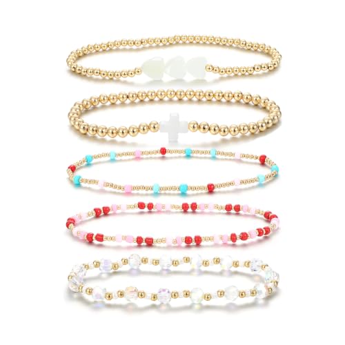 Dainty Gold Plated Pearl Crystal Beaded Bracelets Set for Women 14K Gold Plated Bead Pearl Beads Bracelet Stackable Paperclip Link Chain Bracelets Gold Plated Bracelets for Women Trendy Jewelry - color: Style4-gold bracelets set4