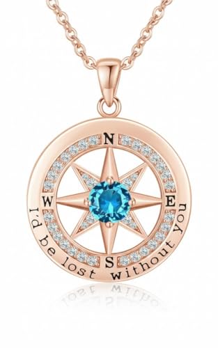 Compass Necklace for Women Wife Girlfriend Mom Daughter Gifts | S925 Silver Jewelry For Anniversary 18K Rose Gold Gifts For Birthday Christmas Mothers Valentines Day 12 Birthstones - style: 12-December-Rose Gold