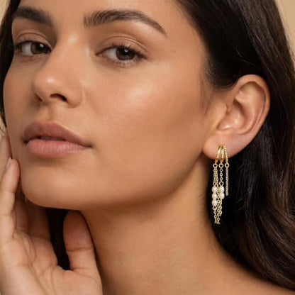 14K Gold Plated Dangle Earrings for Women, Dainty Hoop Huggie Studs, Long Hanging Tassel Chain Multi Pierced Ear Stacking Jewelry Gifts - color: Pearl Dangle-Gold