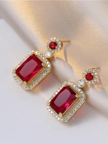 2pcs Cubic Zirconia Wedding Jewelry Sets for Women - Elegant CZ Necklace and Earrings Set with 18K Gold Plated Chain Jewelry Perfect as Special Occasion Gift - color: Red