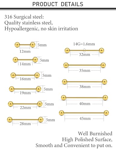 12mm-45mm 16G 14G Nipple Tongue Rings Industril Piercing Jewelry Externally Threaded 316L Surgical Steel Nipple Tongue Barbells Piercing Jewelry for Women Men Silver Black Gold Tone - color: Gold:14G-12mm-45mm Bars/5mm Balls