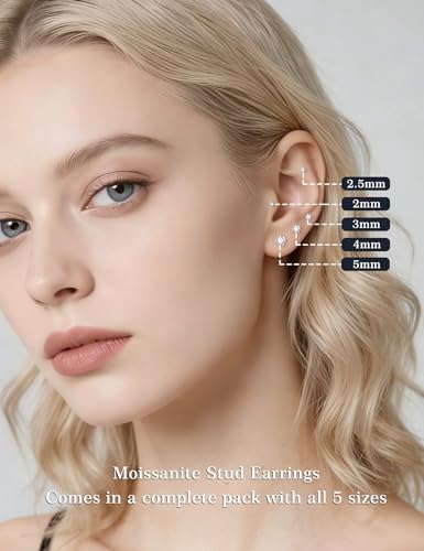 5 Pairs Moissanite Sterling Silver Stud Earrings Set for Women, Hypoallergenic, 2mm, 3mm, 4mm, 5mm - color: 18K White Gold