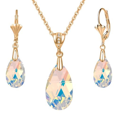 Austrian Crystals Teardrop Pendant Necklace Earrings for Women 14K Gold Plated Hypoallergenic Leverback Drop Dangle Earrings Jewelry Set - color: Aurora Borealis