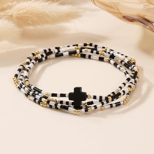 Christian Cross Christmas Stackable Seed Beaded Bracelets for Women, Boho Colorful Healing Stretch Accessories God Christ Pray Faith Amulet Jewelry, Daily Party Holiday Friendship Gift - color: Black