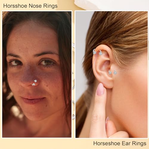 Horseshoe Nose Ring for Women, 20G 18G 16G Surgical Steel Nose Hoops, Multi-Purpose Nose Piercing Jewelry for Cartilage Helix Tragus Labret Septum Lips Ears - color: 16G-Silver 8MM&10MM