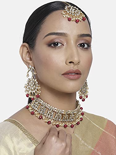 Aheli Elegant Indian Faux Kundan Studded Choker Necklace with Maang Tikka Set Ethnic Wedding Wear Bharatanatyam jewellery set Gift for Women - color: Maroon 2