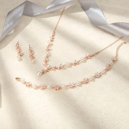 EVER FAITH Cubic Zirconia Pearl Leaf Bridal Jewelry Set for Bride Women | White Wedding Prom Necklace Dangle Earrings Bracelet, for Bridesmaid - color: Marquise_Rose Gold-Plated-Brass