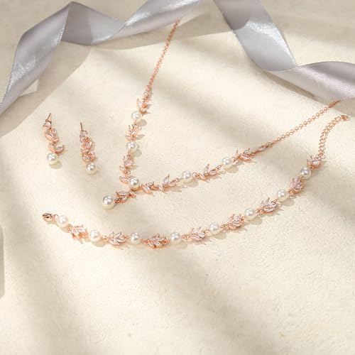 EVER FAITH Cubic Zirconia Pearl Leaf Bridal Jewelry Set for Bride Women | White Wedding Prom Necklace Dangle Earrings Bracelet, for Bridesmaid - color: Marquise_Rose Gold-Plated-Brass