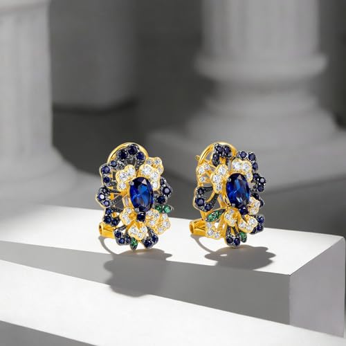 Santuzza Sterling Silver Gemstone Flower Earrings for Women - color: [A]Peony-Blue & Yellow