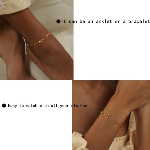 Gold Ankle Bracelets for Women,Dainty 14K Gold Plated Anklets for Women Waterproof Herringbone Beaded Satellite Anklets Set Layered Anklet Bracelets for Women Gold Jewelry Gift - color: Set 2